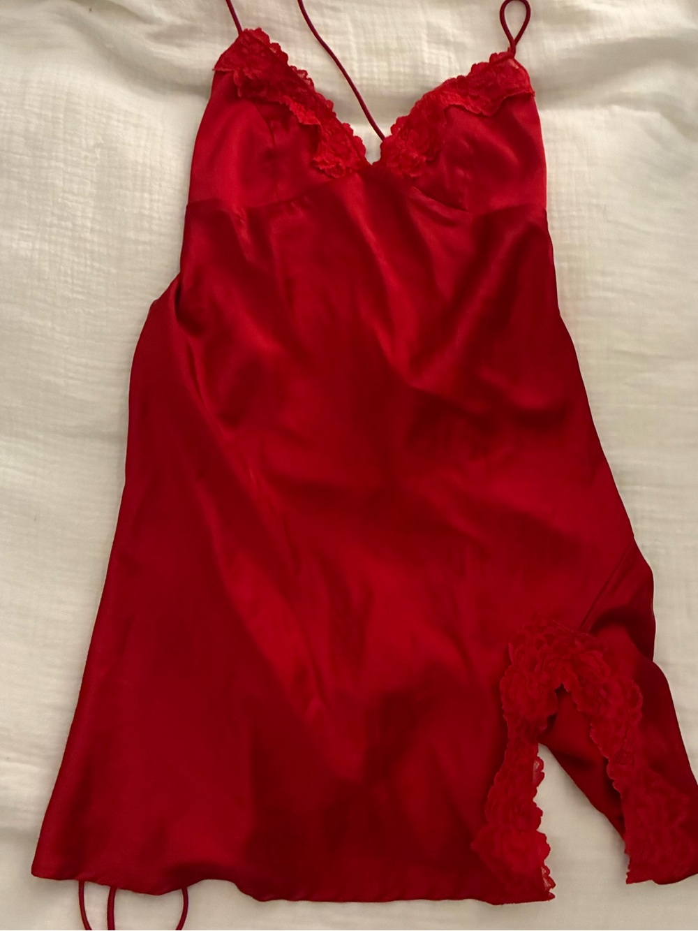 Red Lace-Trim Satin Slip Dress